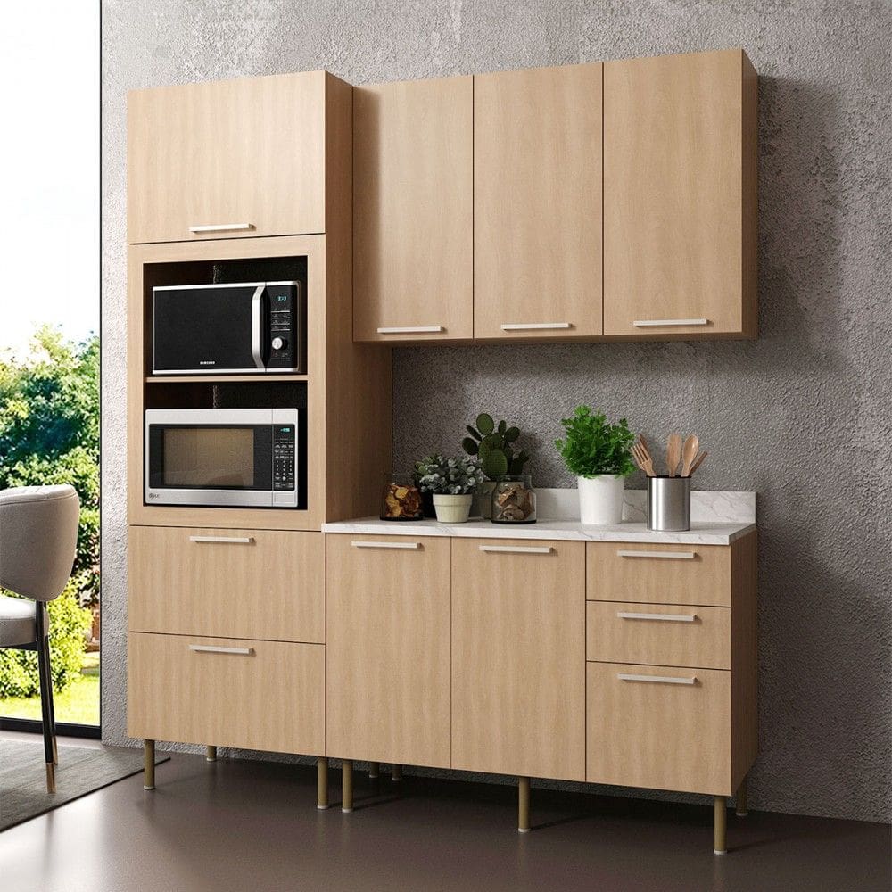 Cozinha Compacta Tulipa 6 Portas e 5 Gavetas Freijó/Mármore Branco - Tecno Mobili
