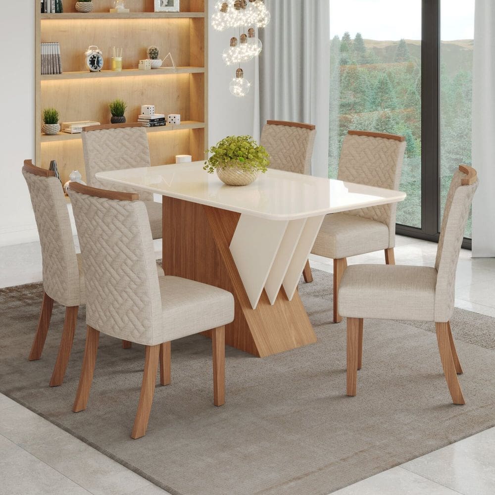 Conjunto Sala de Jantar Mesa Tampo Mdf Canto Arredondado e Vidro 6 Cadeiras Itália Prime Espresso Mó Marrom/Off White