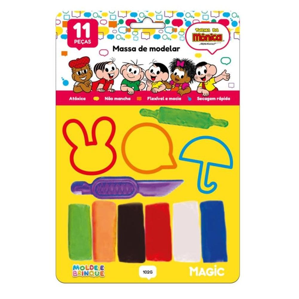 Massa de modelar 6 cores 4 moldes 1 faquinha - 102g - turma da Mônica