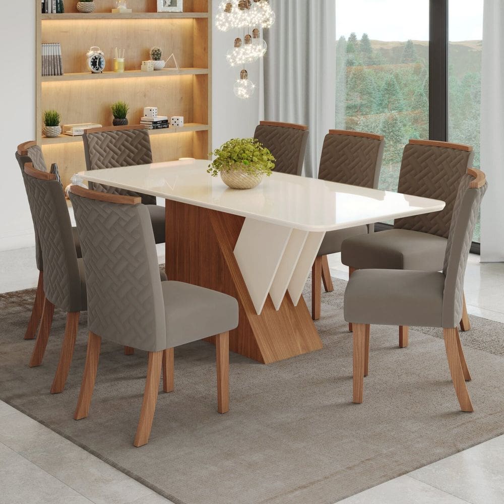 Conjunto Sala de Jantar Mesa Tampo Mdf Canto Arredondado e Vidro 8 Cadeiras Itália Prime Espresso Mó Marrom/Off White/Marrom Amêndoa