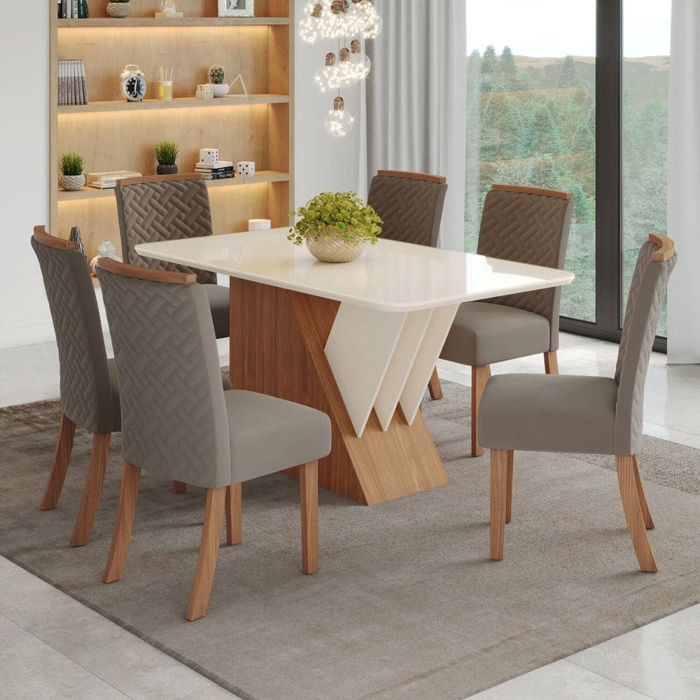 Conjunto Sala de Jantar Mesa Tampo Mdf Canto Arredondado e Vidro 6 Cadeiras Itália Prime Espresso Mó Marrom/Off White/Marrom Amêndoa