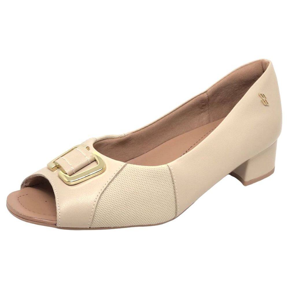 Sapato Feminino Peep Toe Salto Bloco Couro Enfeite Usaflex