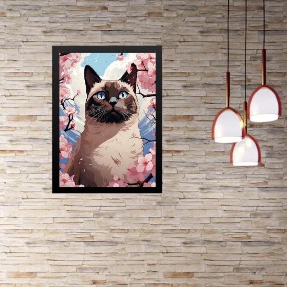 Quadro Gato Siamês Flores Cerejeira 45X34Cm - Com Vidro
