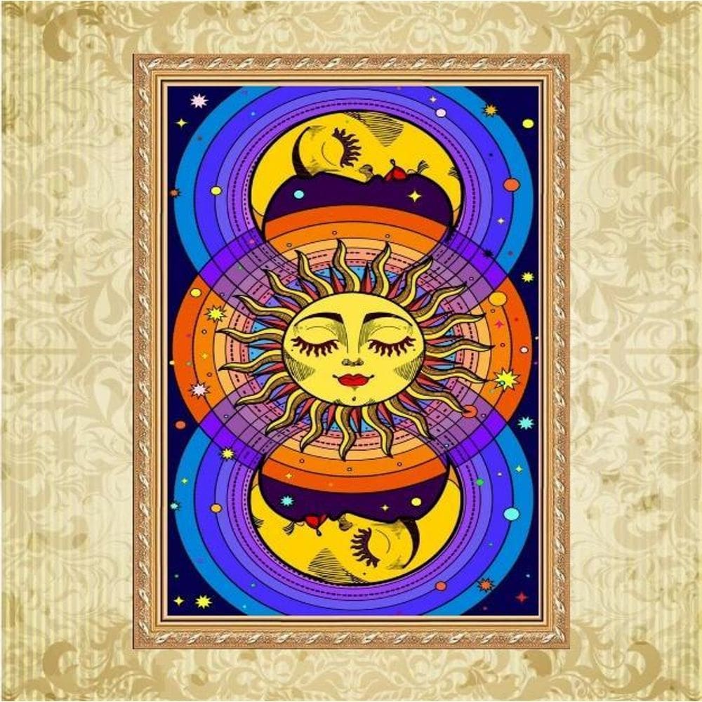 Quadro Moldura Dourada Místico Sol E Lua 45X34Cm