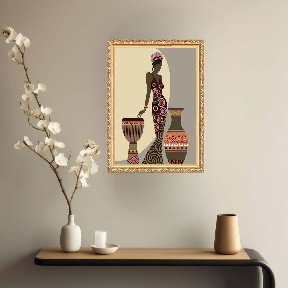 Quadro Decorativo Mulher Negra Tambor E Vaso 33X24Cm - Vidro