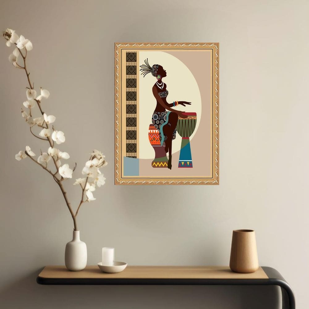 Quadro Decorativo Mulher Negra Tocando Tambor 45X34Cm