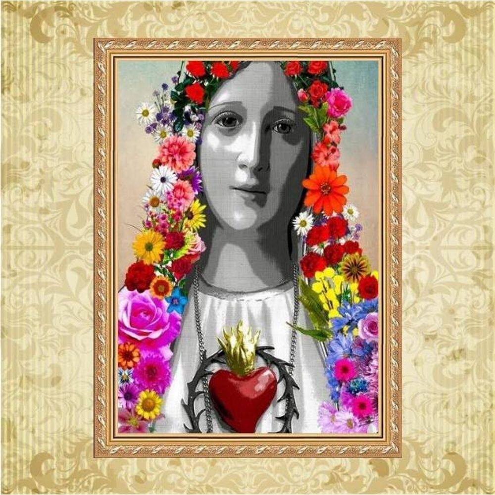 Quadro Religioso Moldura Dourada Maria Flores 45X34Cm