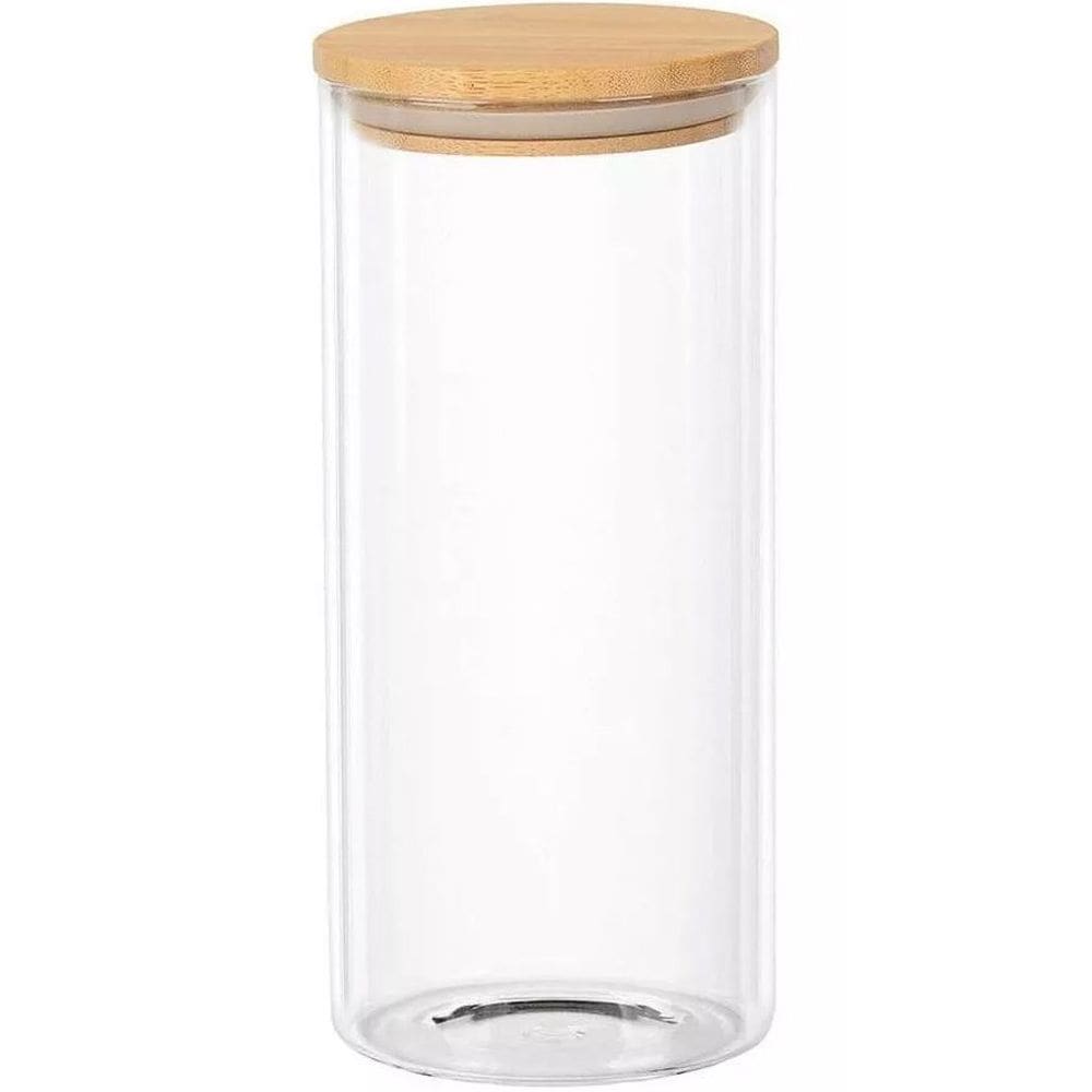 Pote de Vidro Tubular com Tampa de Bambu 1L 10x17cm