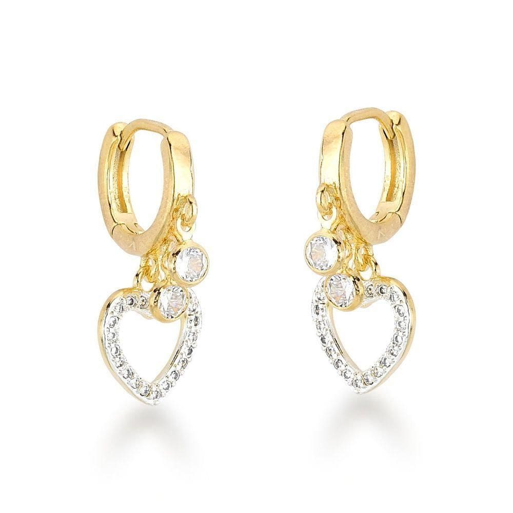 Brinco Argola Com Ponto De Luz E Pingente Coração Banhados A Ouro 18k