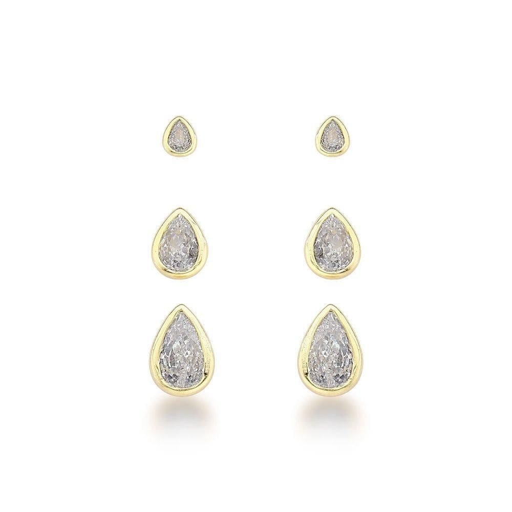 Trio De Brincos Gota De Zircônia Ouro 18k - Brilho Sofisticado
