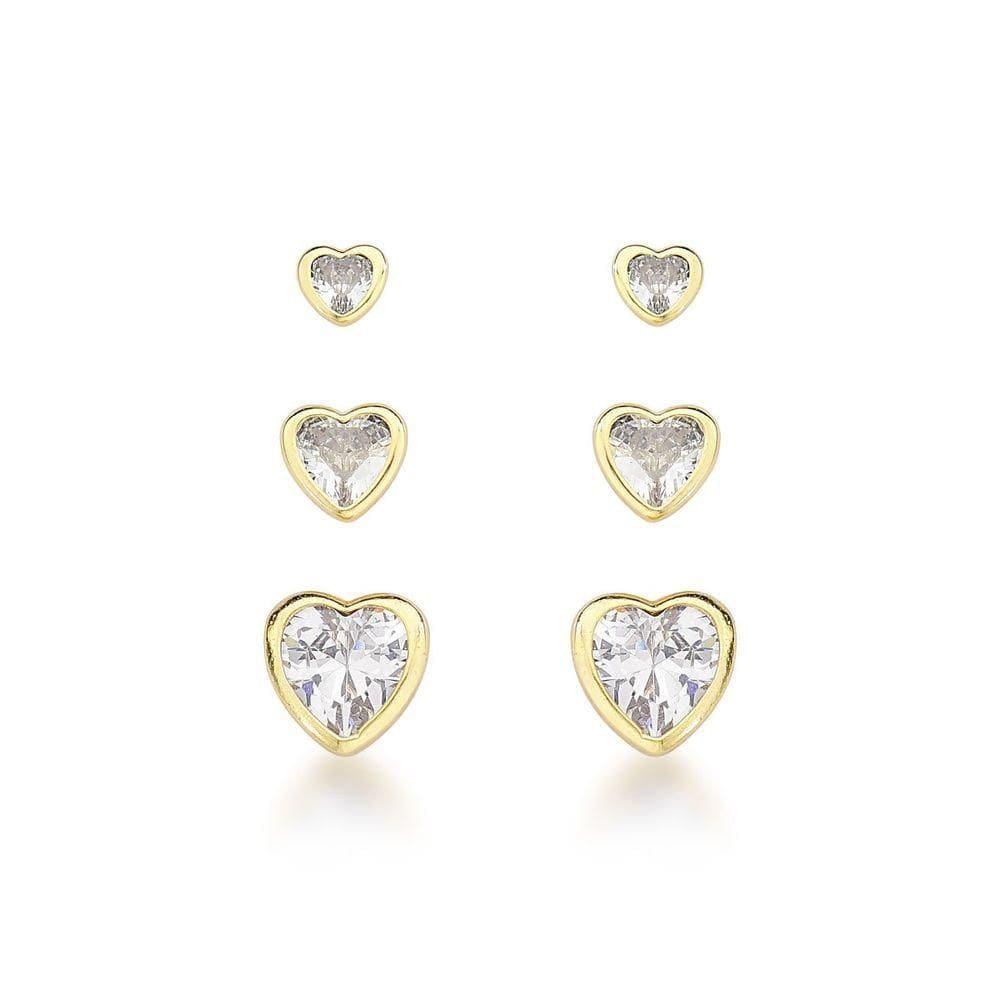 Corações Radiantes: Trio De Brincos Delicados Com Banho De Ouro 18k