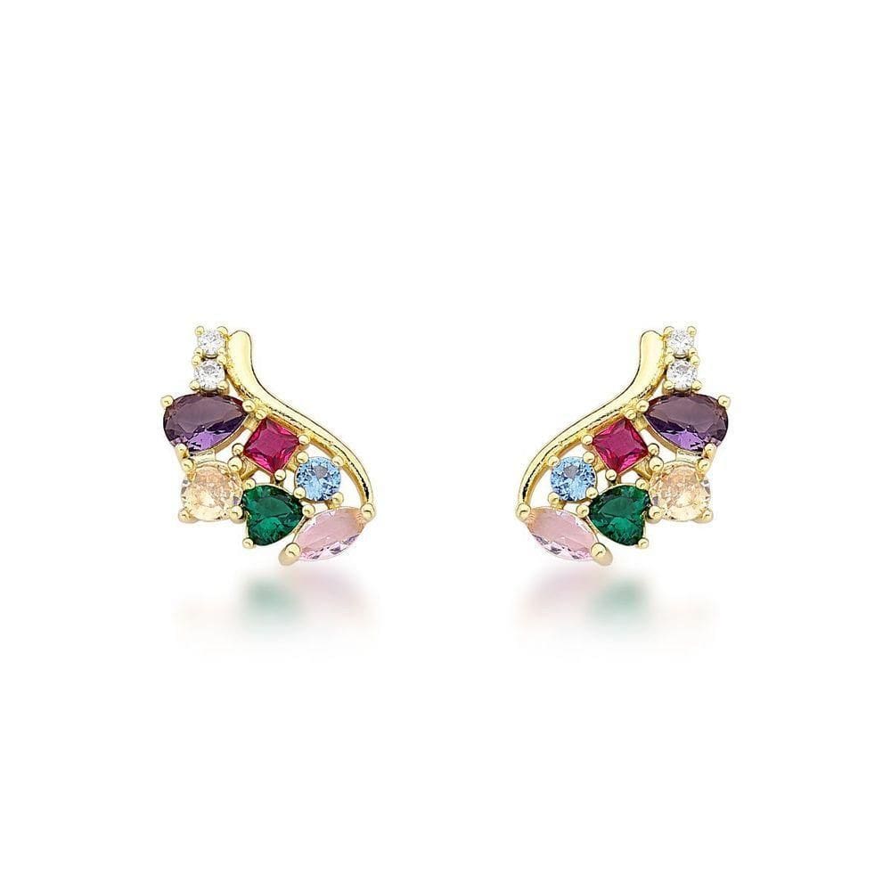 Brincos Contemporâneos Com Zircônias Multicoloridas Em Ouro 18k