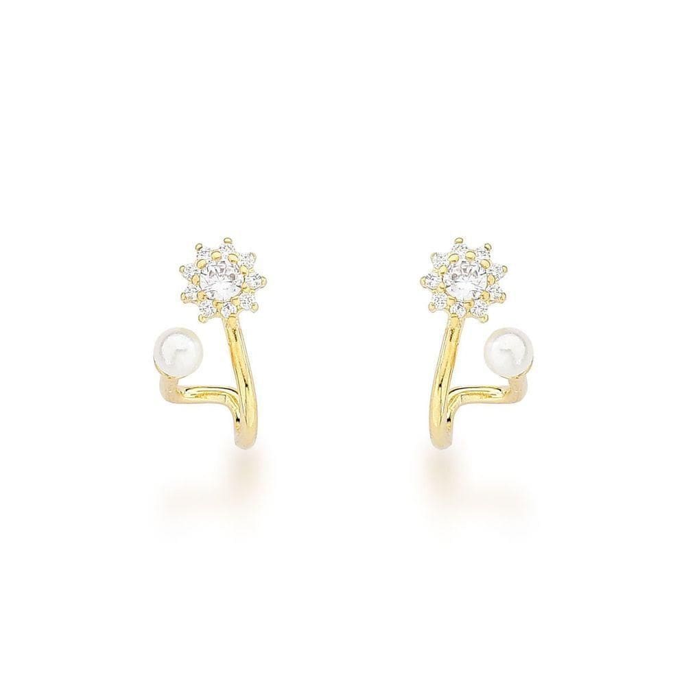 Brincos Charmosos De Pérola E Zircônia Em Banho De Ouro 18k
