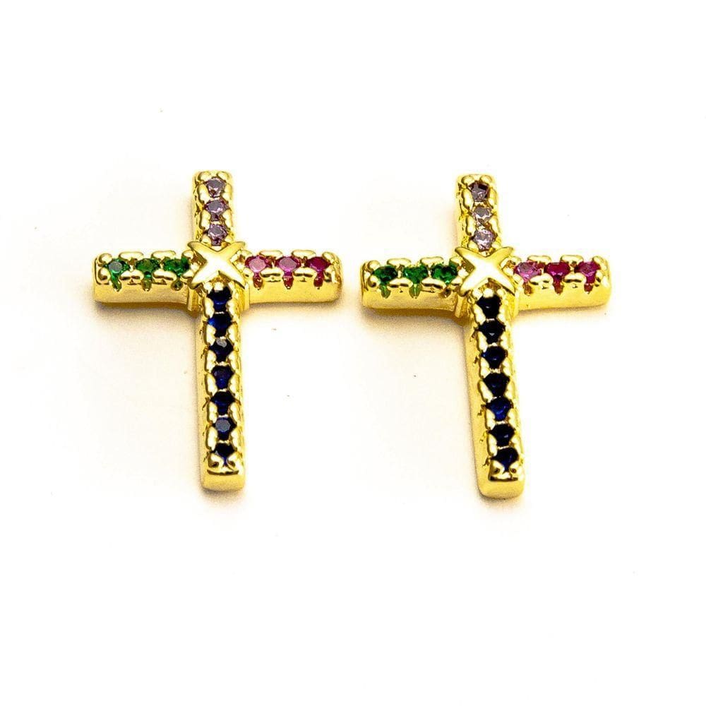 Brinco Cruz Colorida Banhada A Ouro 18k