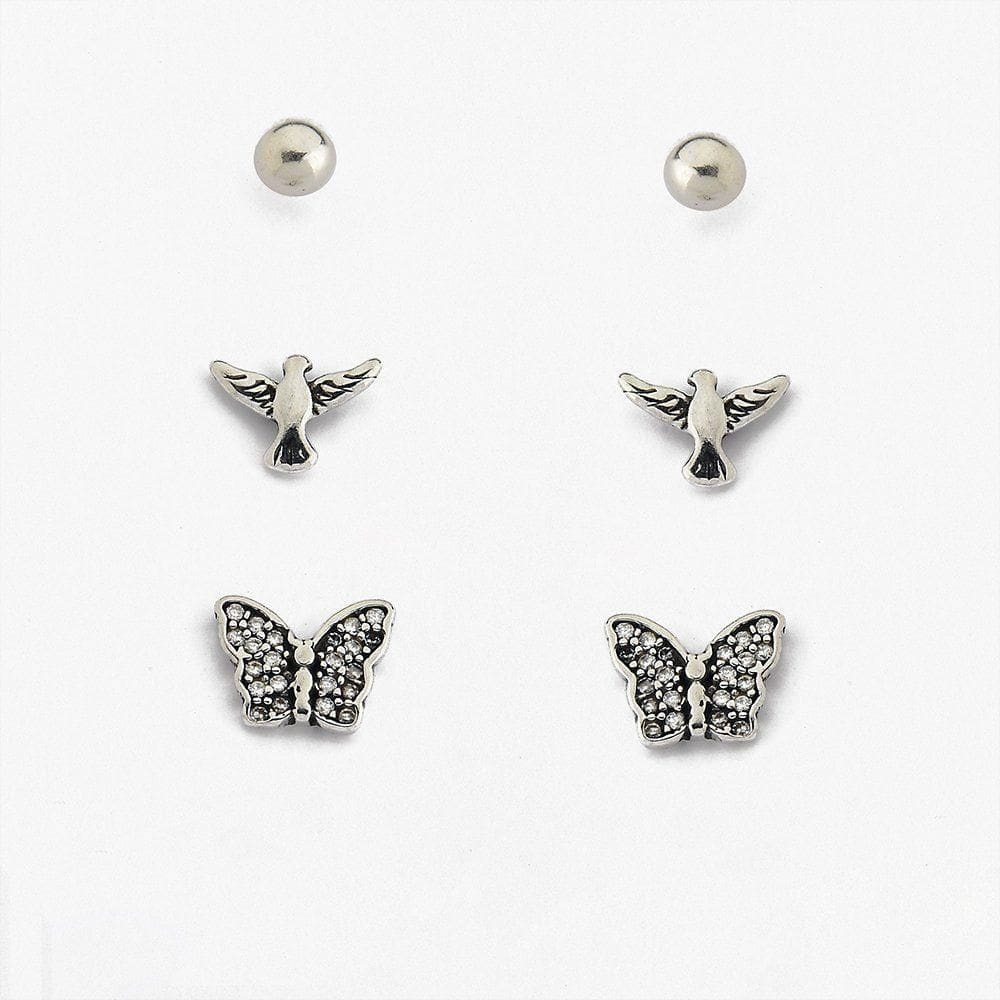 Trio Brincos Borboleta E Espirito Santo Cravejado Com Zircônias Prata 925