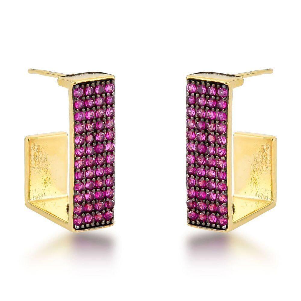 Brincos De Argola Com Zircônias Rubi E Banho De Ouro 18k - Estilo Moderno