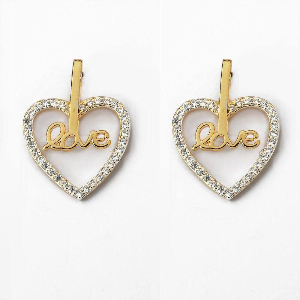 Brinco Coração Cravejado De Zircônia Com A Descrição Love Banhado Em Ouro 18k