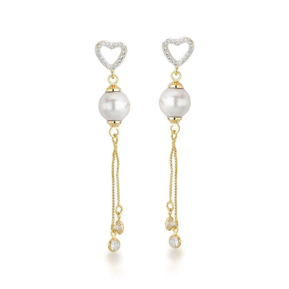 Brinco Coração Com Pérola E Franja Banhado A Ouro 18k