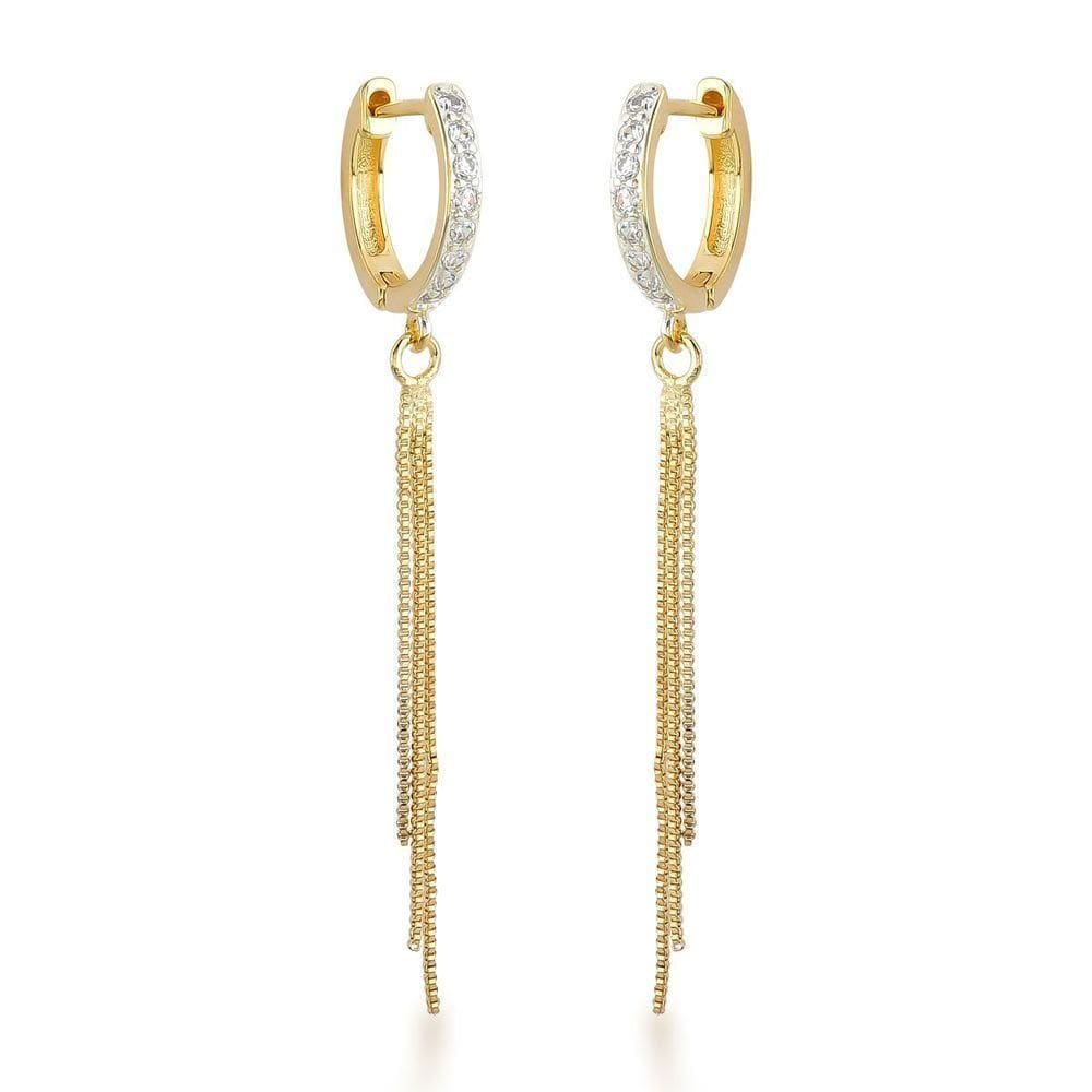 Brincos De Argola Com Franja Elegantes Banhados A Ouro 18k Com Zircônias Cristais Banhado A Prata