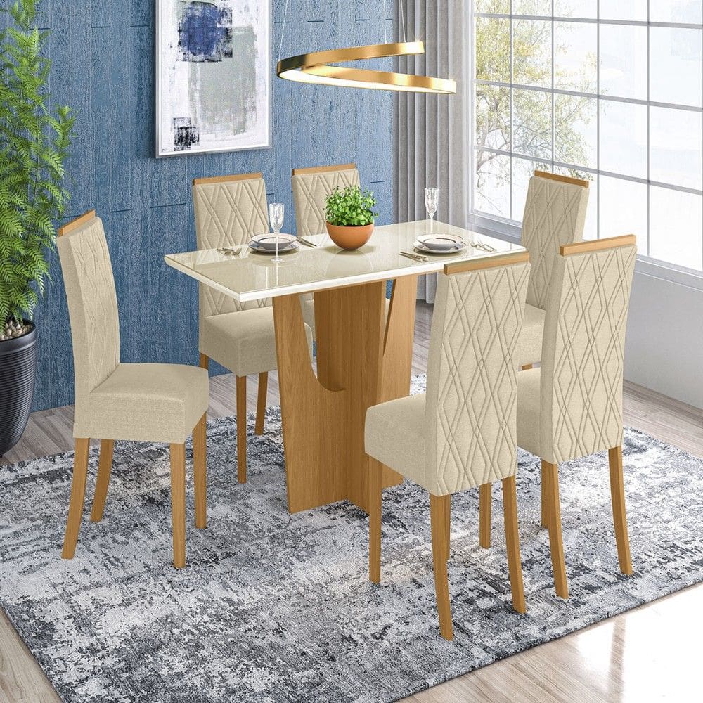 Mesa de Jantar 6 Lugares Vértice/Vita com Vidro Natural/Off White/Linho - Henn