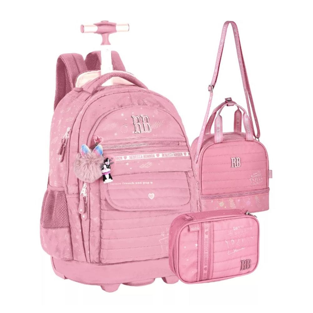 Kit Mochila de Rodinhas Escolar Rebecca Bonbon Lancheira e Estojo Rosa