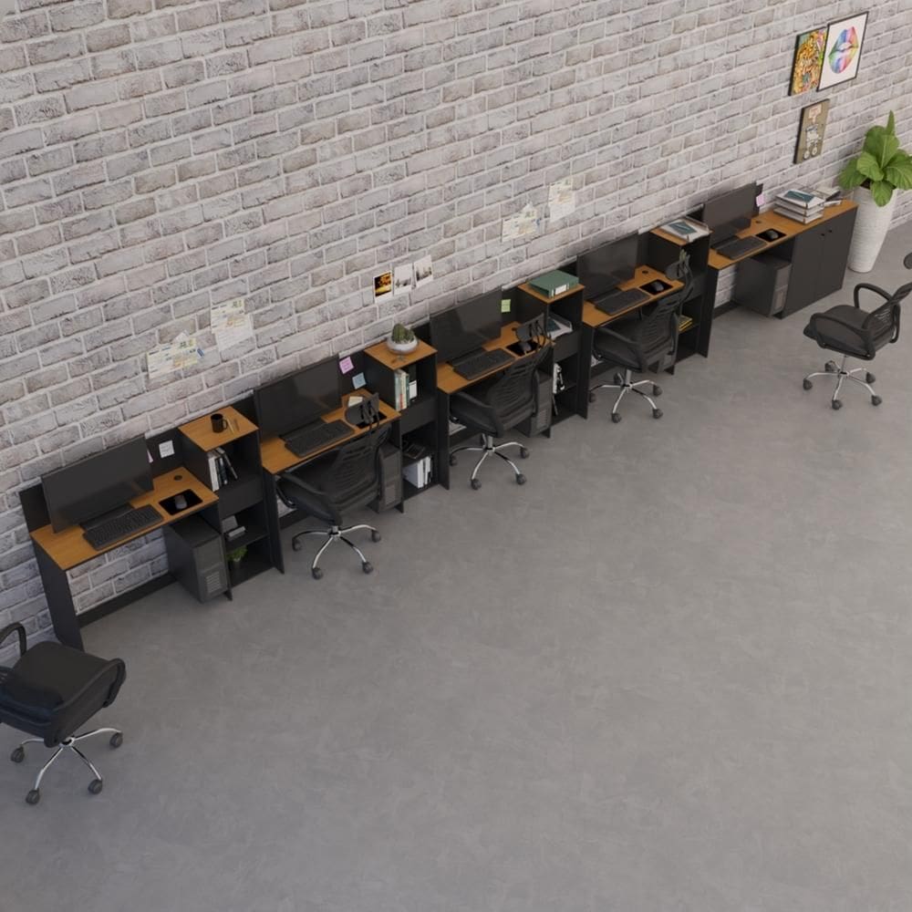 Conjunto de Escritório Smart 4 Livreiro 1 Buffet e 5 Mesas 90cm