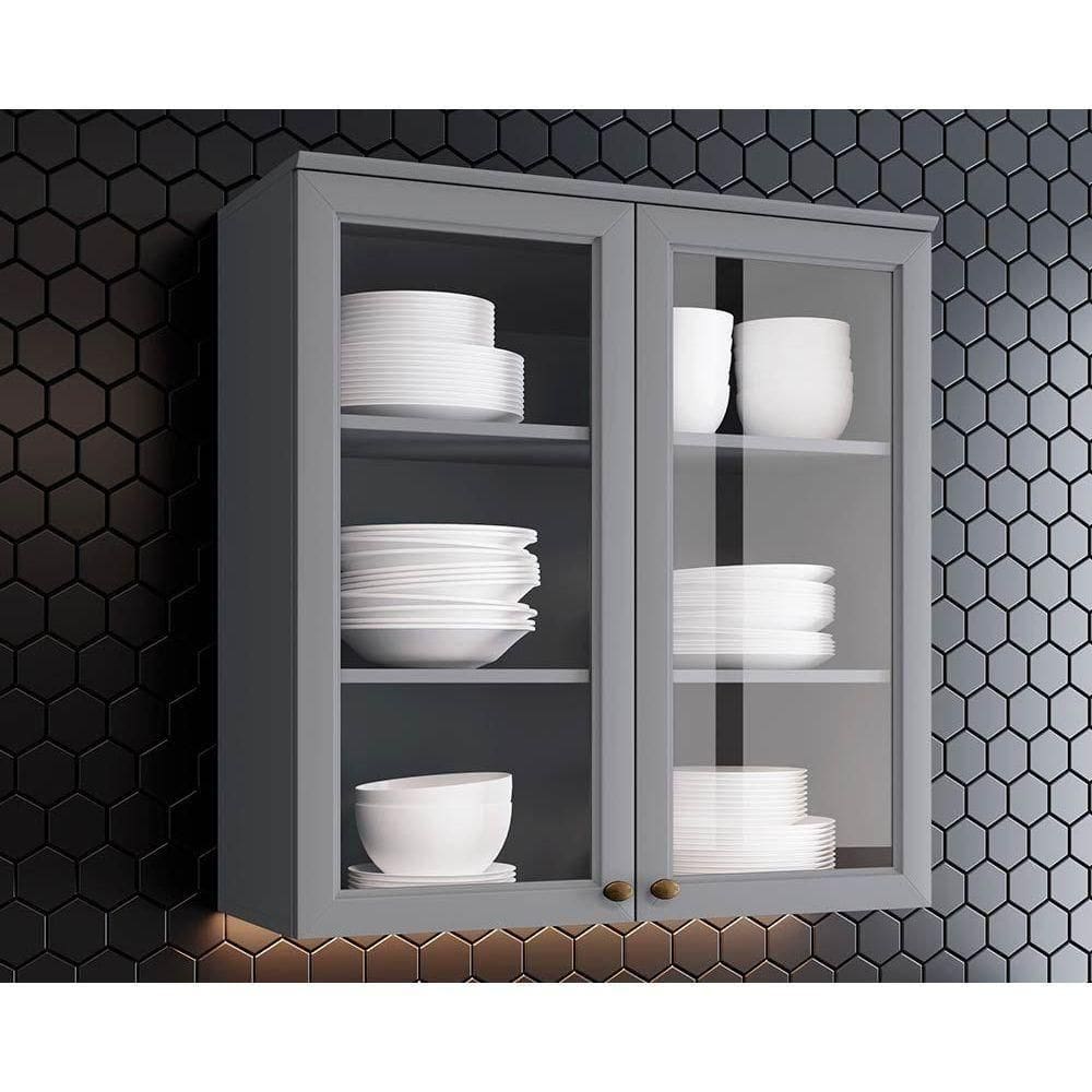 Armário Aéreo P/ Cozinha Americana 2 Portas De Vidro 80cm Cinza - Henn
