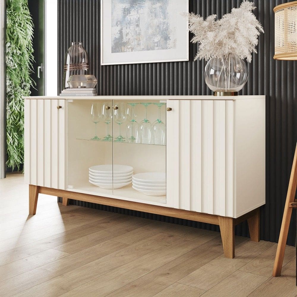 Balcão Buffet Bali 4 Portas Ripado com Vidro Off White/Natural - Henn