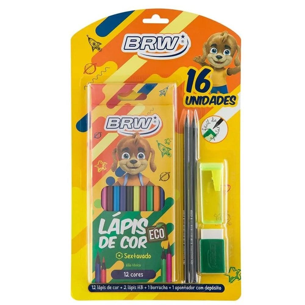 Kit Escolar 16Un (1 Cx Lápis De Cor, 2 Lápis Hb, 1 Apontador C/ Dep. E 1 Borracha Com Capa)