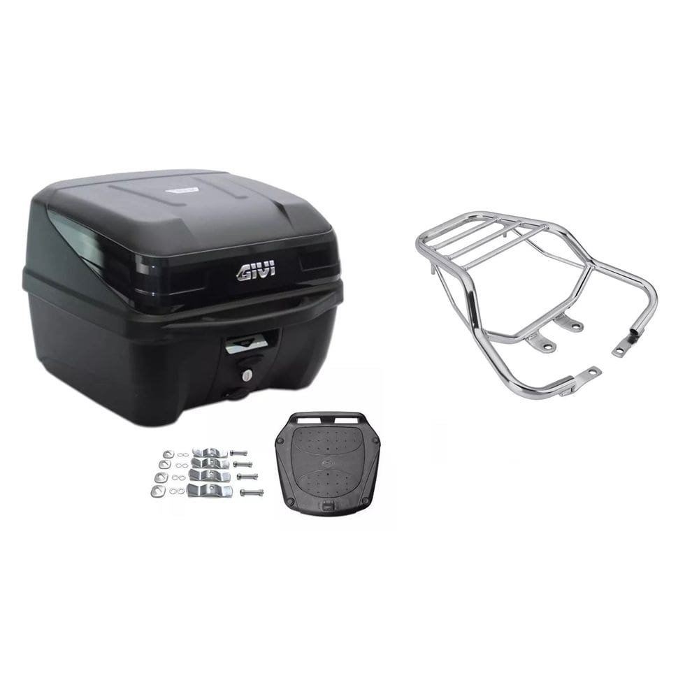 Bau Givi Moto 33L Traffic Iii Preto + Bagageiro Cromado Titan Fan 125 150 2014 Até 2024 Projétil