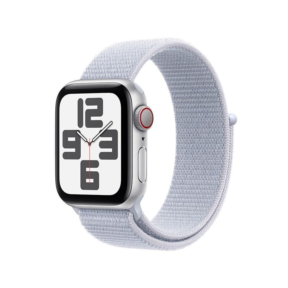 Apple Watch SE GPS + Cellular • Caixa prateada de alumínio – 40 mm • Pulseira loop esportiva nuvem azul