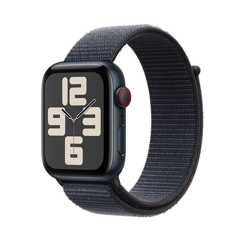 Apple Watch SE GPS + Cellular • Caixa meia-noite de alumínio – 44 mm • Pulseira loop esportiva tinto