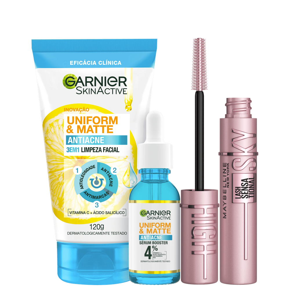 Kit Beleza na Web Garnier SkinActive Uniform & Matte Antiacne + Maybelline Sky High (3 Produtos)