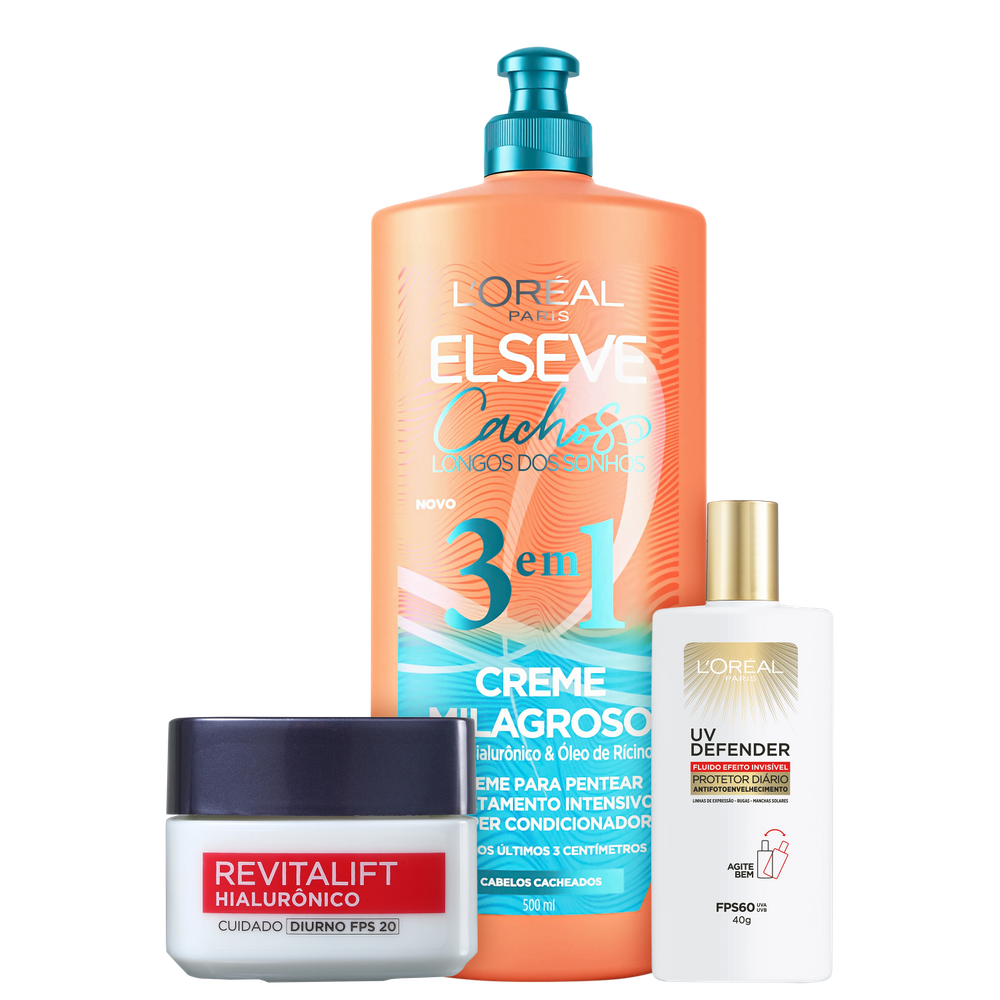 Kit L`Oréal Paris Revitalift UV Defender Elseve Cachos (3 Produtos)