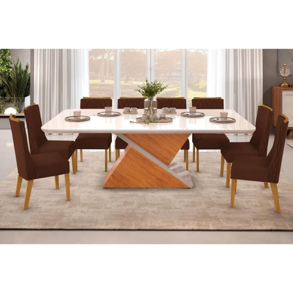 Sala De Jantar Completa Zafira Tampo Madeirado C- Vidro Curvo 200x100cm E 8 Cadeiras Jade Cedro-off White - Suede Moca - Dj Móveis