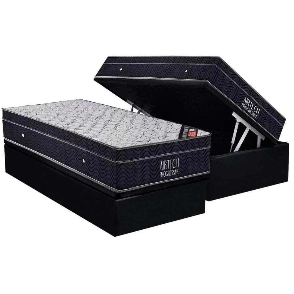 Conjunto Box Baú Solteiro Colchão Molas Ortobom Nanolastic Airtech Progressive + Base Crc Suede Black (88x188)
