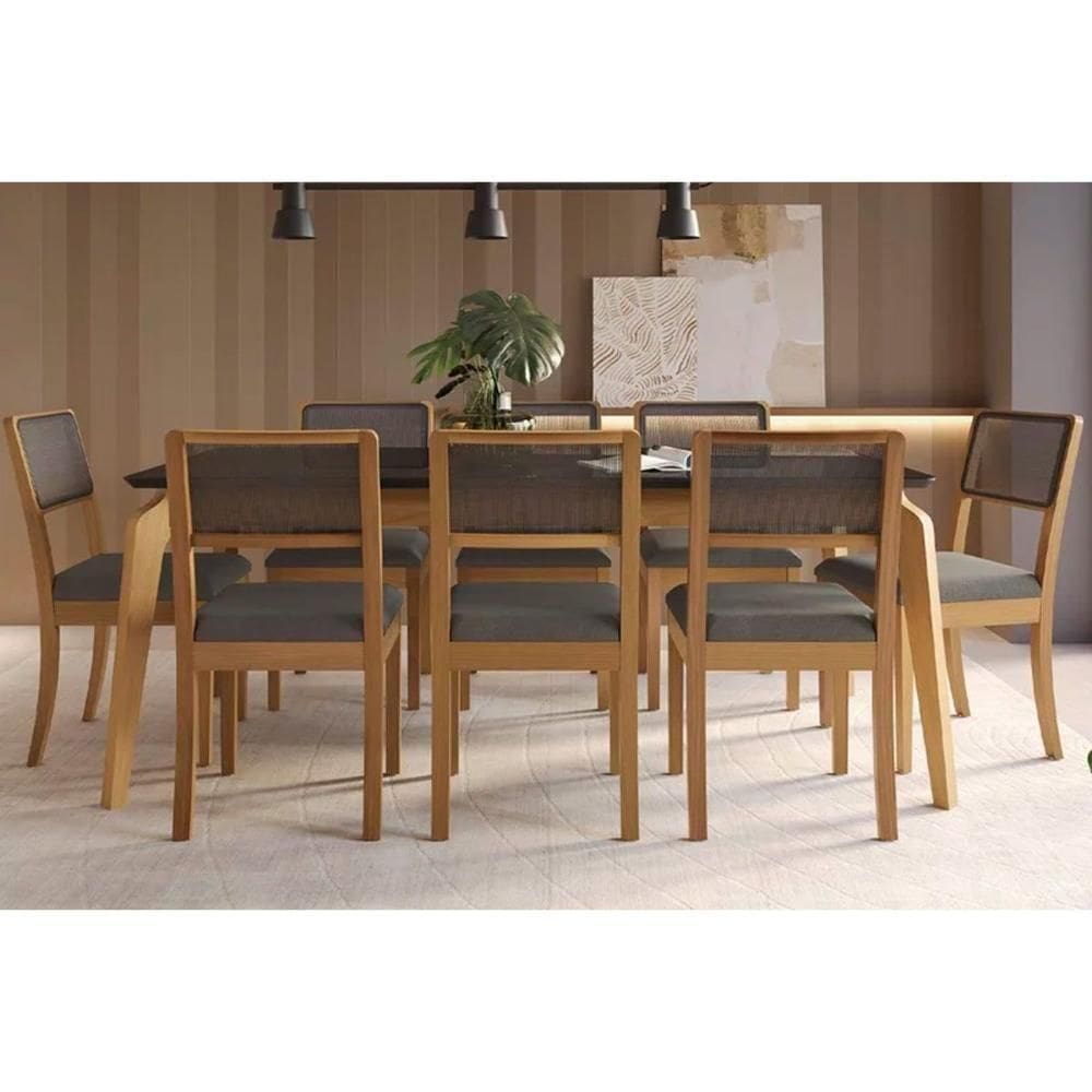 Sala De Jantar Completa Petra Tampo Madeirado C- Vidro 100x200cm E 8 Cadeiras Lola Carvalho-preto Fosco-vidro Preto - Linho Cinza - Kappesberg