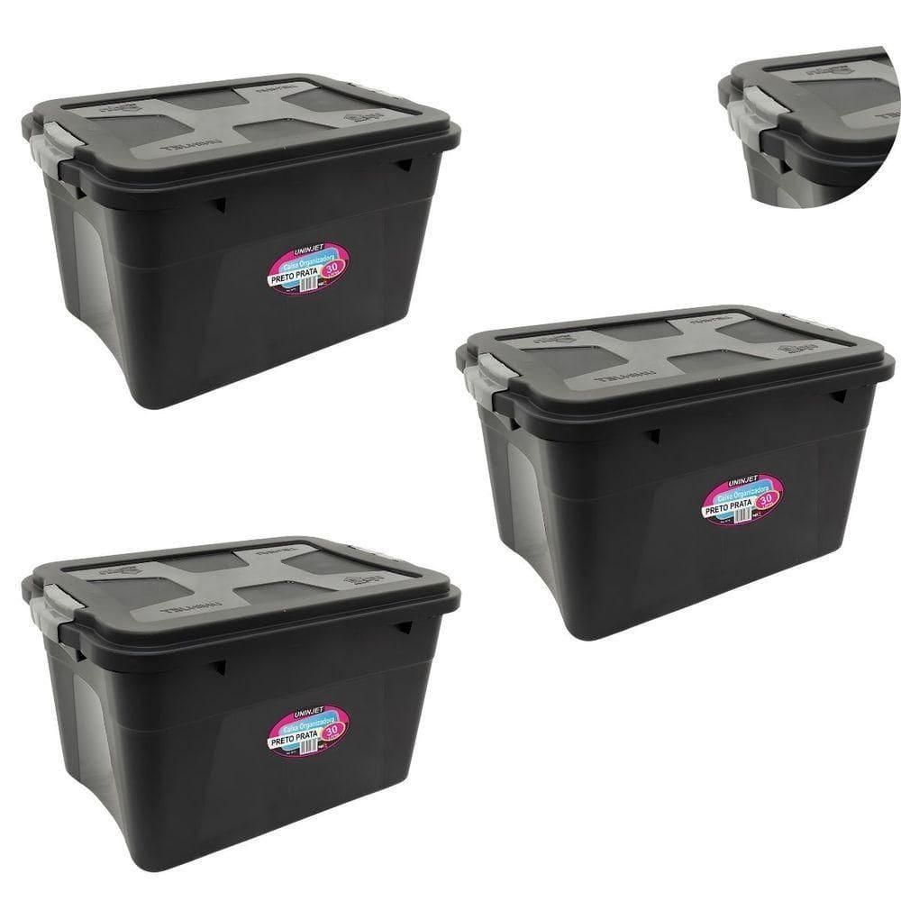 Kit Com 3 Caixas Organizadoras Multiuso 30 Litros Com Tampa Na Cor Preta