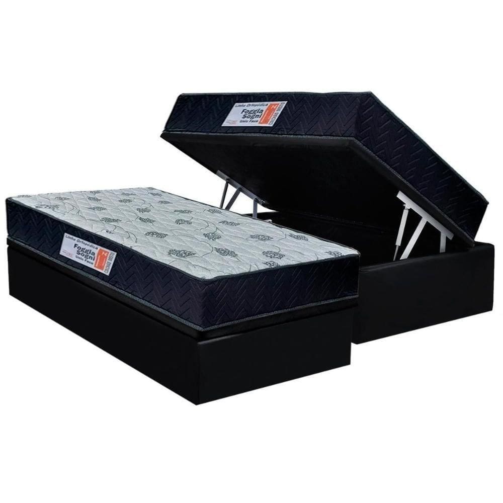 Cama Box Baú Solteiro: Colchão Ortopédico Orthoflex Foggia Sogni Unic Face + Base Crc Suede Black(88x188)