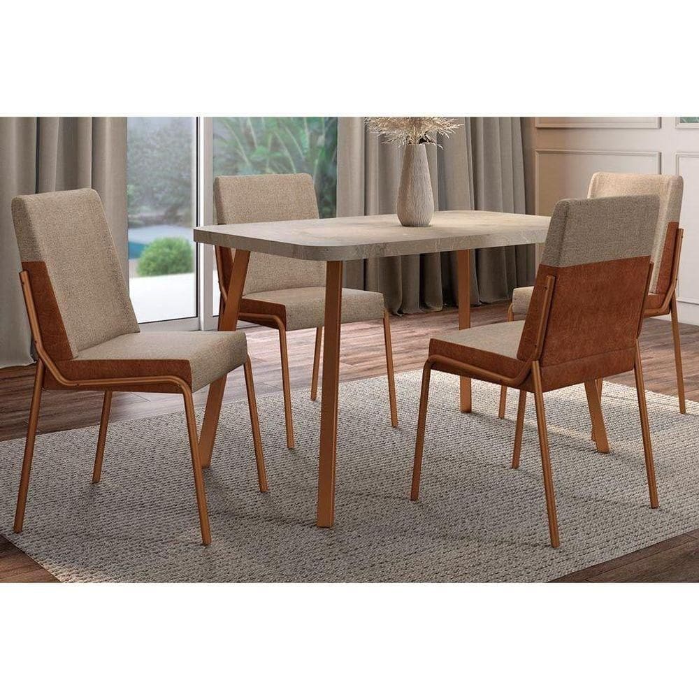 Sala De Jantar Completa Stellar 1598 Aço C- Tampo Madeirado 120x80cm E 4 Cadeiras Hug Rose-petra - Rose-areia - Caramelo - Carraro