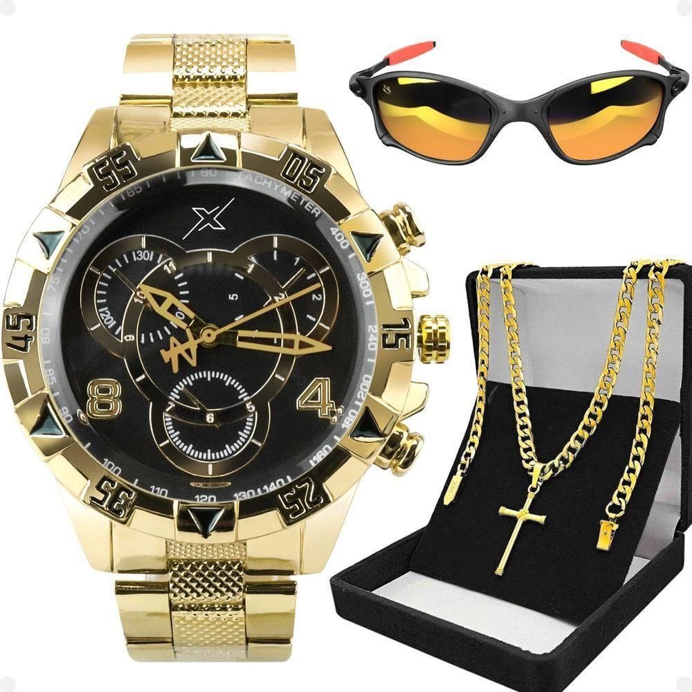 Relogio Masculino Dourado + Corrente Inoxidável Casual