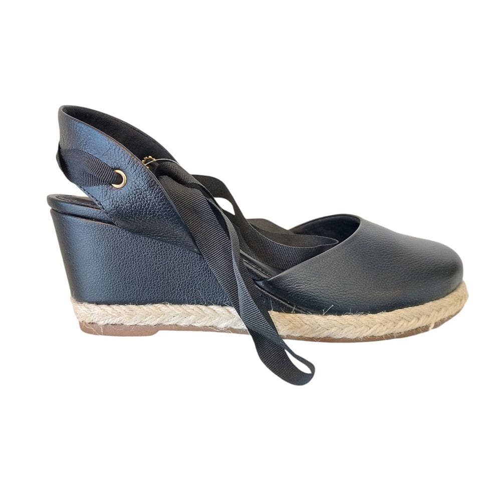 Sandália Anabela Feminina em Couro Preta Salto Médio Corda