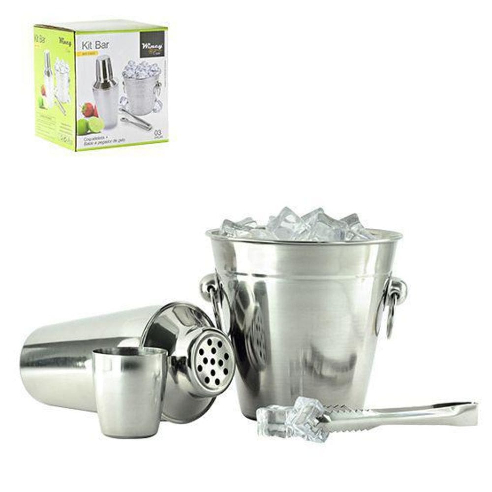 Kit Bar 3 Peças: Coqueteleira Inox + Balde Gelo + Pegador