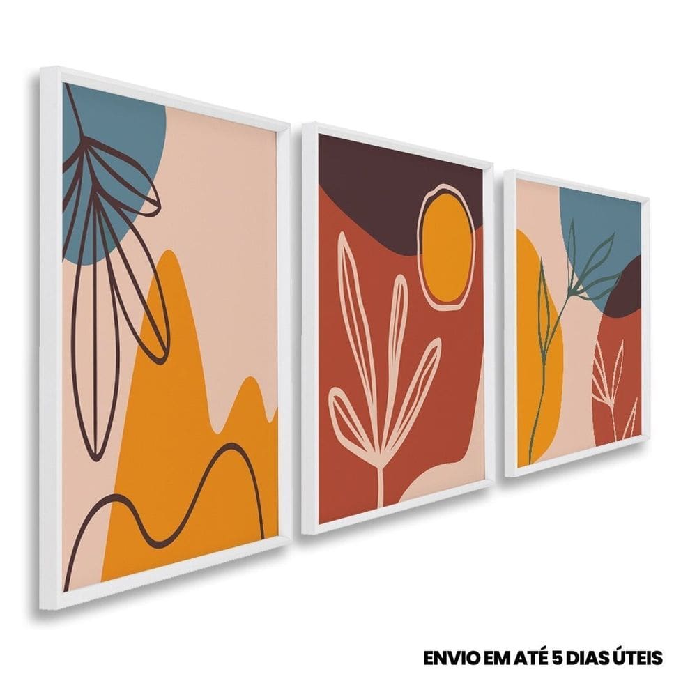 Quadro Decorativo Composição 3 Telas de Parede para Sala Quarto Escritório 60cm X 90cm Branco