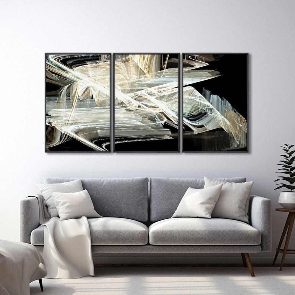 Quadro Decorativo Modelo Luzes em Movimento com 3 Telas para Quarto Banheiro Escritório 60cm X 90cm Preto