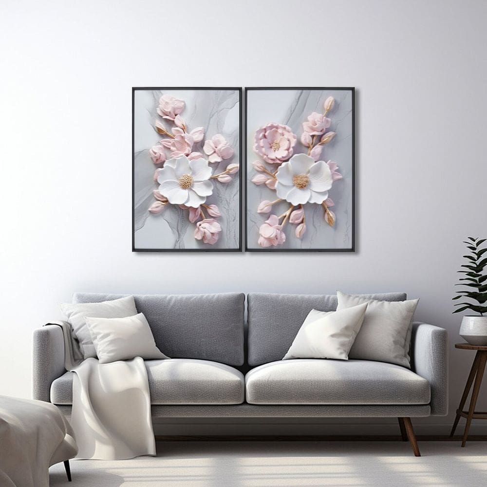 Quadro Decorativo Floral Flor de Porcelana com 2 Telas de Parede para Sala Quarto Escritório 60cm x Preto