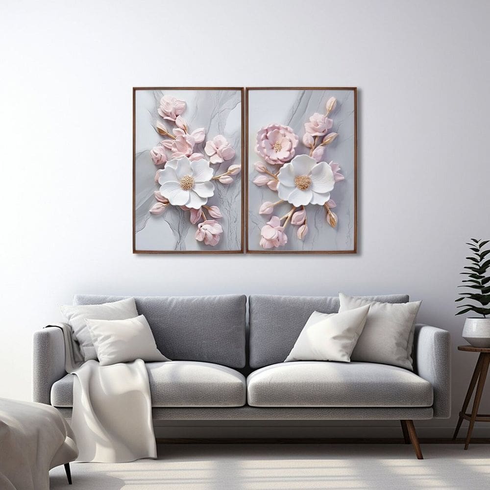 Quadro Decorativo Floral Flor de Porcelana com 2 Telas de Parede para Sala Quarto Escritório 60cm x Marrom