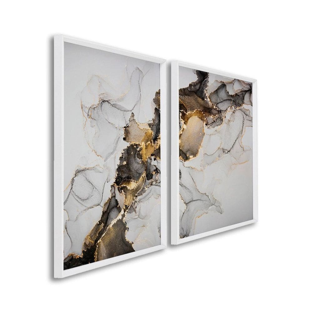 Quadro Decorativo Ouro e Cinza com 2 Telas de Parede 60cm X 90cm Branco