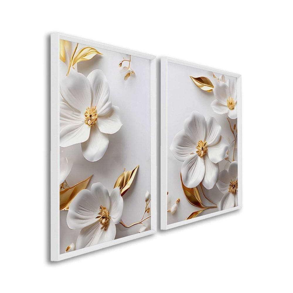Quadro com Flores Brancas Delicado com 2 Telas de Parede Decorativo para Sala Quarto Escritório 60cm Branco