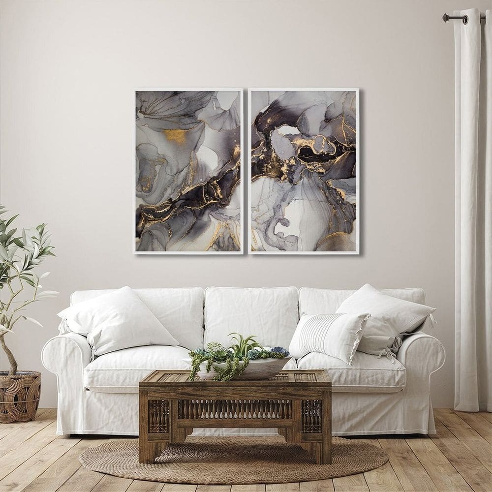 Quadro Decorativo Ouro e Cinza com 2 Telas de Parede para Sala Quarto Escritório 60cm X 90cm Branco